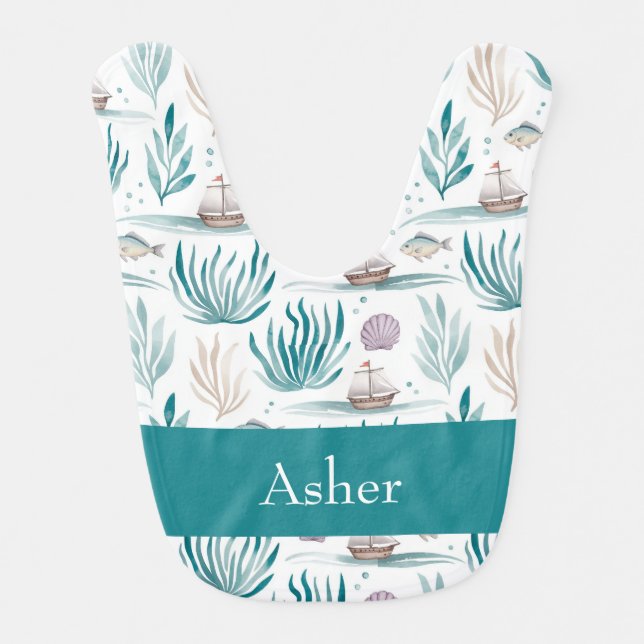 Personalized Nautical with Ships and Seashells Baby Bib (Front)