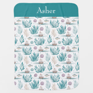 Personalized Nautical with Ships and Seashells Baby Blanket