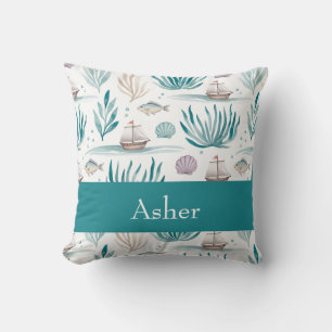 Personalized Nautical with Ships and Seashells Throw Pillow