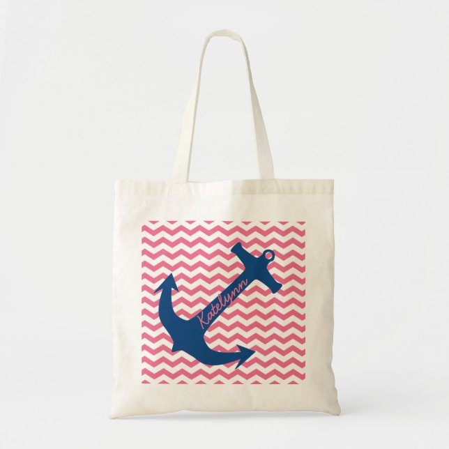 Personalized Navy Anchor & Pink Zigzag Tote Bag (Front)