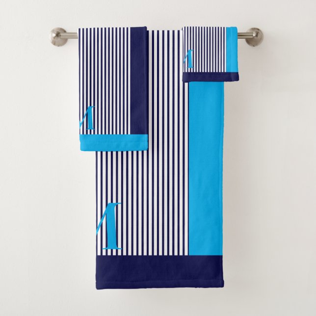 Personalized Navy And Azure Nautical  Aesthetic  Bath Towel Set (Insitu)