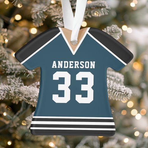 Personalized Navy And Black Hockey Jersey Ornament