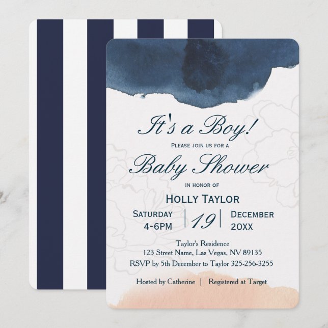 Personalized Navy and Blush Baby Shower Invitation (Front/Back)