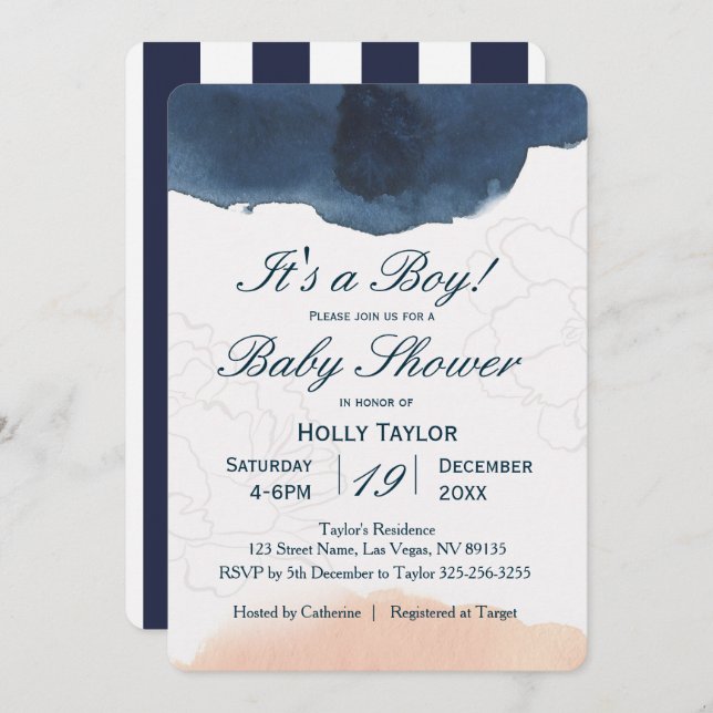 Personalized Navy and Blush Baby Shower Invitation (Front/Back)