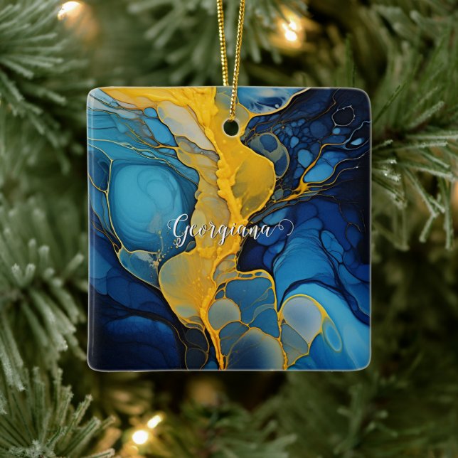 Personalized Navy and Gold Alcohol Ink Fluid Art Ceramic Ornament (Tree)