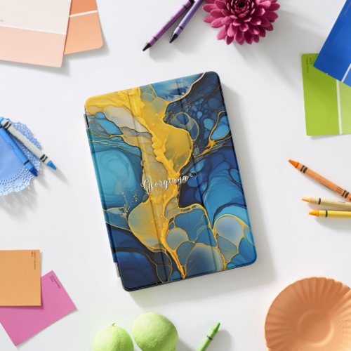 Personalized Navy and Gold Alcohol Ink Fluid Art iPad Pro Cover