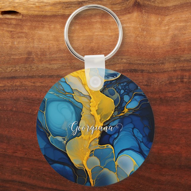 Personalized Navy and Gold Alcohol Ink Fluid Art Keychain (Front)