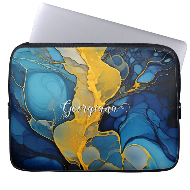Personalized Navy and Gold Alcohol Ink Fluid Art Laptop Sleeve (Front)