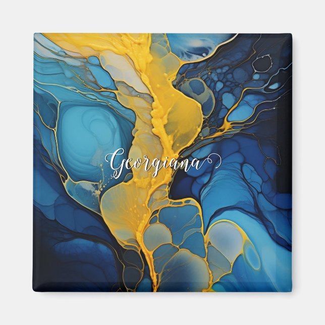 Personalized Navy and Gold Alcohol Ink Fluid Art Magnet (Front)
