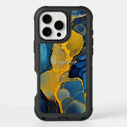 Personalized Navy and Gold Alcohol Ink Fluid Art iPhone 16 Pro Max Case