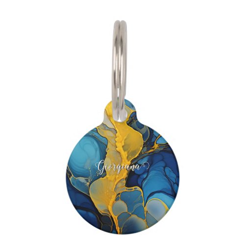 Personalized Navy and Gold Alcohol Ink Fluid Art Pet ID Tag
