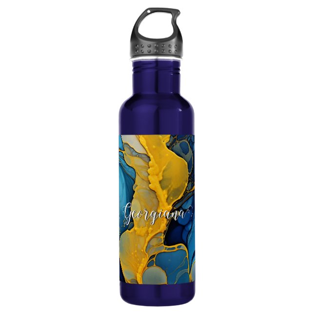 Personalized Navy and Gold Alcohol Ink Fluid Art Stainless Steel Water Bottle (Front)