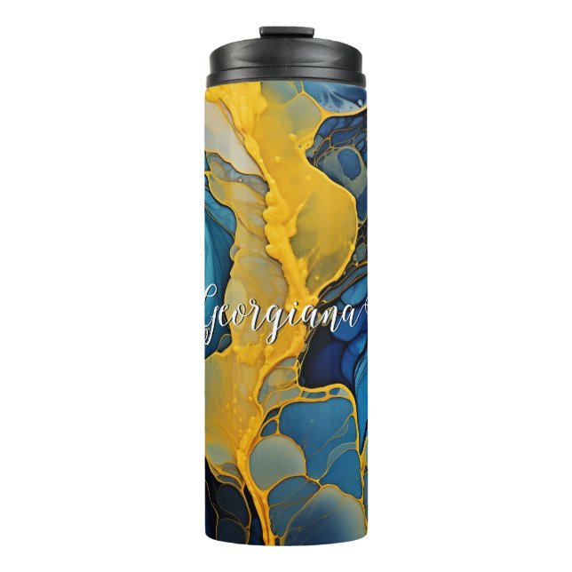Personalized Navy and Gold Alcohol Ink Fluid Art Thermal Tumbler (Front)