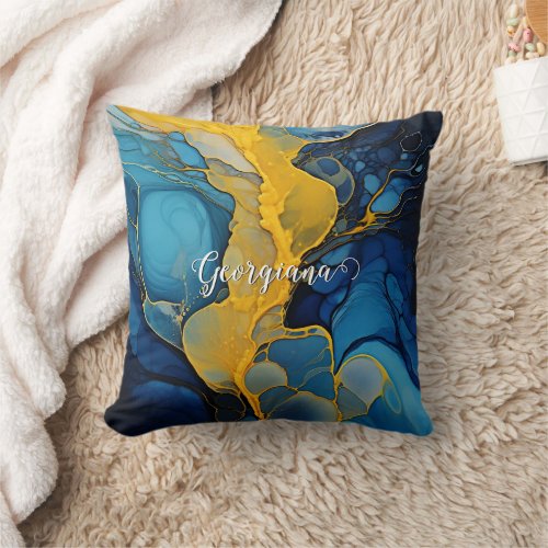Personalized Navy and Gold Alcohol Ink Fluid Art Throw Pillow
