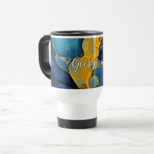 Personalized Navy and Gold Alcohol Ink Fluid Art Travel Mug