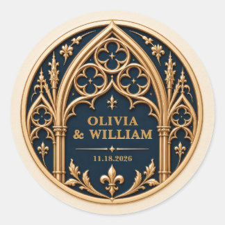 Personalized Navy and Gold Gothic Wedding Classic Round Sticker