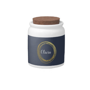 Personalized Navy and Gold Modern Circle Design Candy Jar