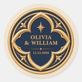 Personalized Navy and Gold Wedding Classic Round Sticker