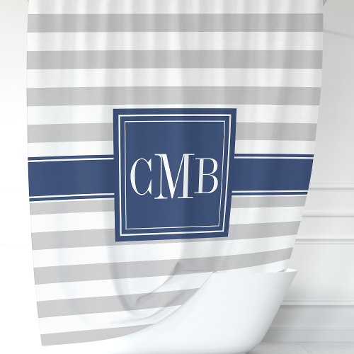 Personalized Navy And Gray Striped Shower Curtain