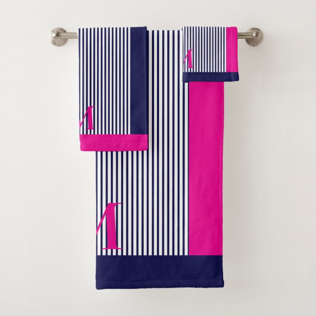 Personalized Navy And Hot Pink  Aesthetic  Bath Towel Set (Insitu)