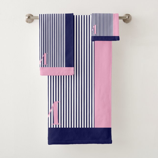 Personalized Navy And Light Pink Nautical Aesthet Bath Towel Set (Insitu)
