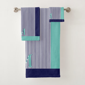 Personalized Navy And Light Teal Aesthetic Bath Towel Set
