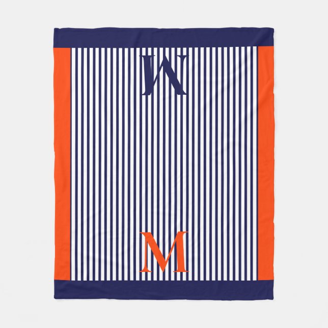 Personalized Navy And Orange Nautical  Aesthetic  Fleece Blanket (Front)