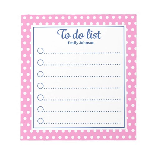 Personalized navy and pink polka dot to do list notepad