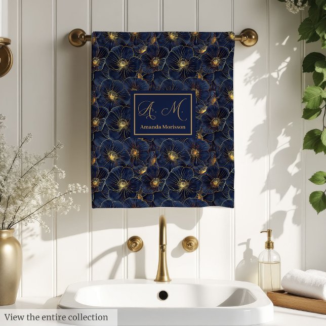 Personalized Navy Bath Towels Gold Floral Accent (Personalized Navy Bath Towels Gold Floral Accent)