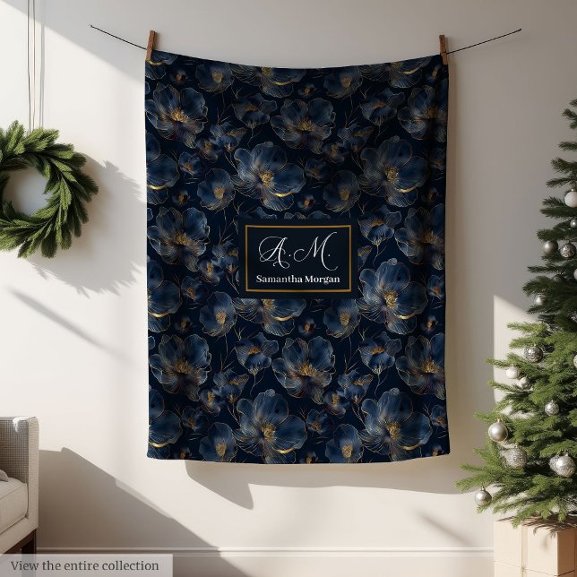 Personalized Navy Blanket Chic Gold Flowers Gift (Personalized Navy Blanket Chic Gold Flower Gift)