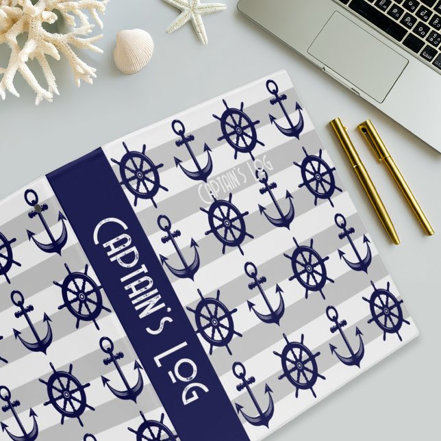 Personalized Navy Blue Anchor Boat Wheel Nautical 3 Ring Binder (Creator Uploaded)