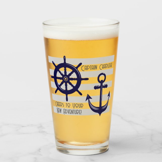 Personalized Navy Blue Anchor Boat Wheel Nautical Glass (Front Filled)