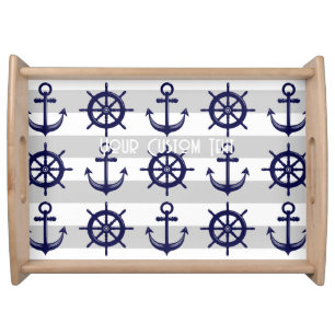 Personalized Navy Blue Anchor Boat Wheel Nautical Serving Tray