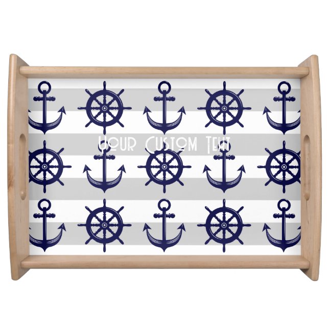 Personalized Navy Blue Anchor Boat Wheel Nautical Serving Tray (Front)