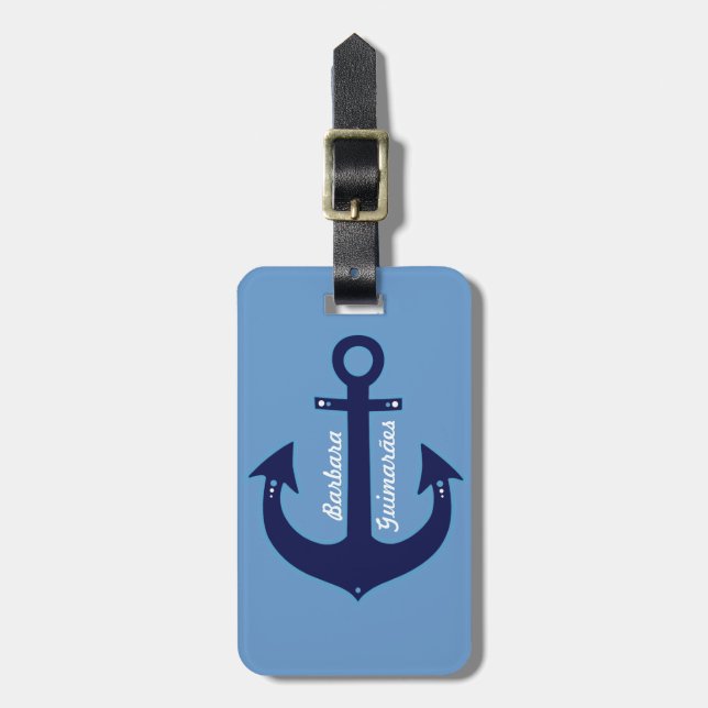 personalized navy blue anchor luggage tag (Front Vertical)