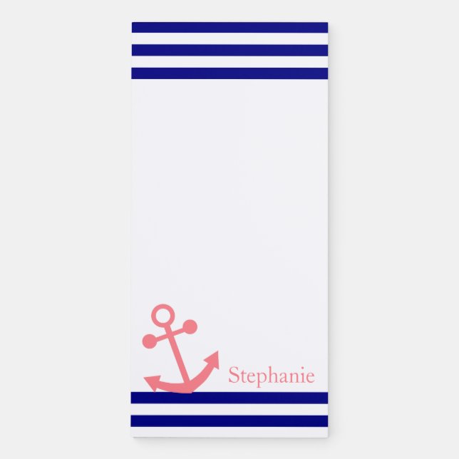 Personalized Navy Blue and Blush Pink Nautical Magnetic Notepad (Front)