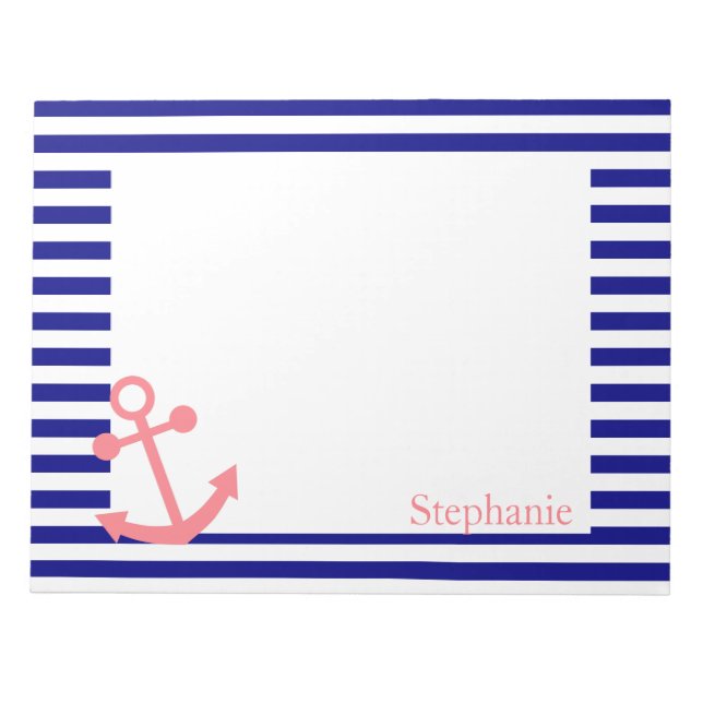 Personalized Navy Blue and Blush Pink Nautical Notepad (Front)