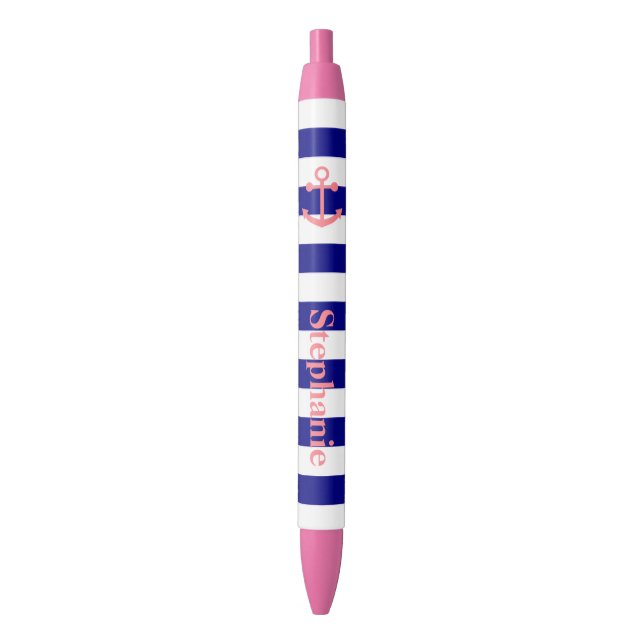 Personalized Navy Blue and Blush Pink Nautical Pen (Front Vertical)