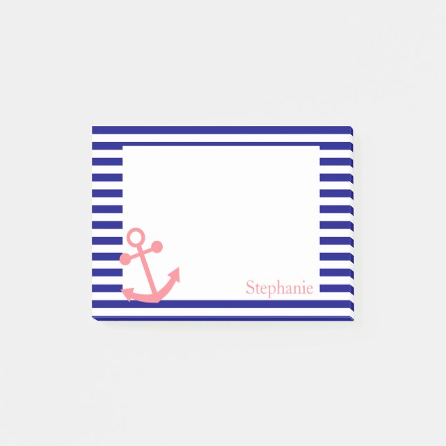 Personalized Navy Blue and Blush Pink Nautical Post-it Notes (Front)