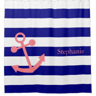 Personalized Navy Blue and Blush Pink Nautical Shower Curtain