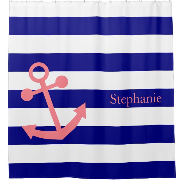Personalized Navy Blue and Blush Pink Nautical Shower Curtain (Front)