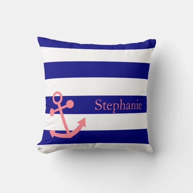 Personalized Navy Blue and Blush Pink Nautical Throw Pillow (Front)
