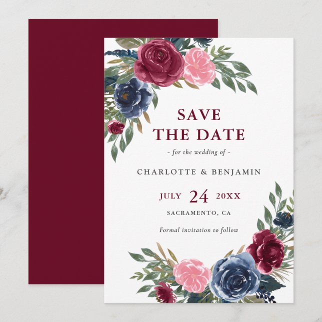 Personalized Navy Blue and Burgundy Floral Wedding Save The Date (Front/Back)