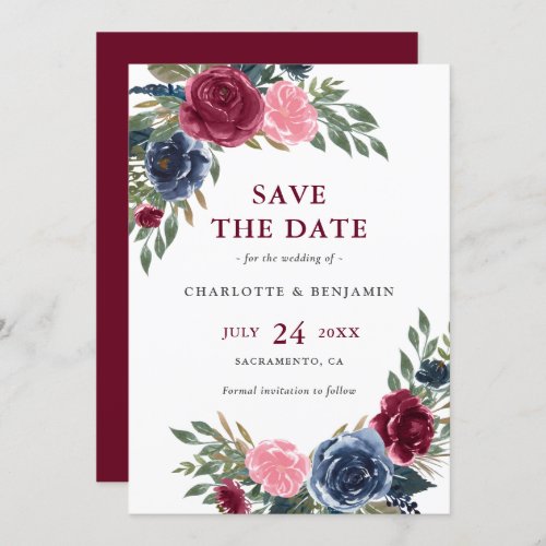 Personalized Navy Blue and Burgundy Floral Wedding Save The Date
