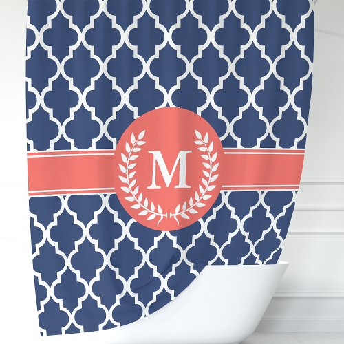 Personalized Navy Blue And Coral Quatrefoil Shower Curtain