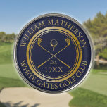 Personalized Navy Blue And Gold Golf Club Name Golf Ball Marker<br><div class="desc">Featuring a classic crossed golf clubs and golf ball design and aged stamp effect border,  these markers are ideal for all golf clubs and club members. Personalize with the name of the club member,  the golf club name,  and the year the golf club was established. Designed by Thisisnotme©</div>