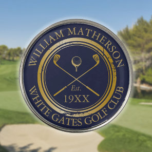 Personalized Navy Blue And Gold Golf Club Name Golf Ball Marker