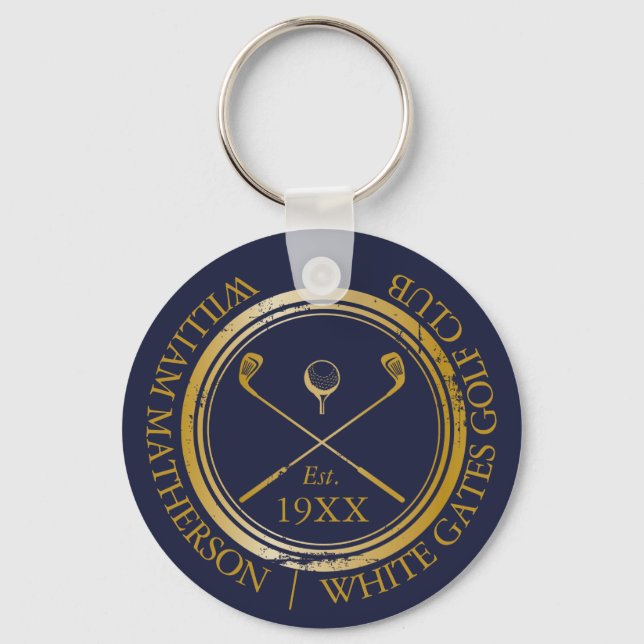 Personalized Navy Blue And Gold Golf Club Name Keychain (Front)