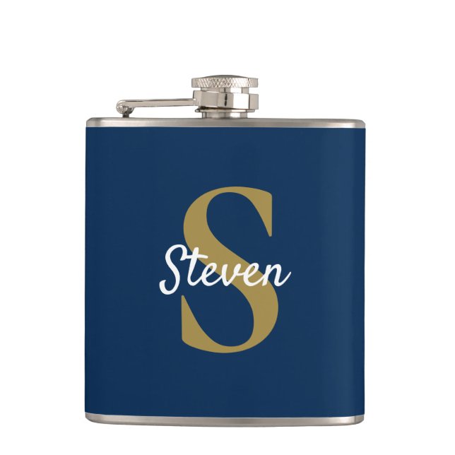 Personalized Navy Blue and Gold Monogram Flask (Front)