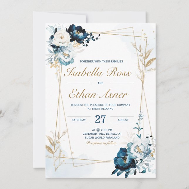 Personalized  Navy Blue and Gold Wedding Bundle Invitation (Front)